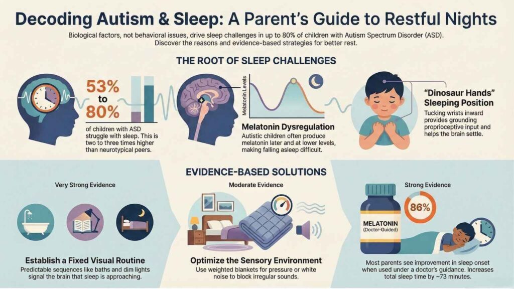 autistic child sleeping in dinosaur hands position - autism sleep routine chart for parents - child with autism sleeping with weighted blanket