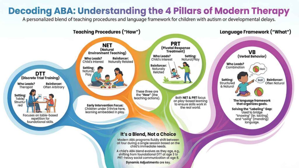 The Four Pillars of Modern ABA Therapy Methods: DTT, NET, PRT, and VB